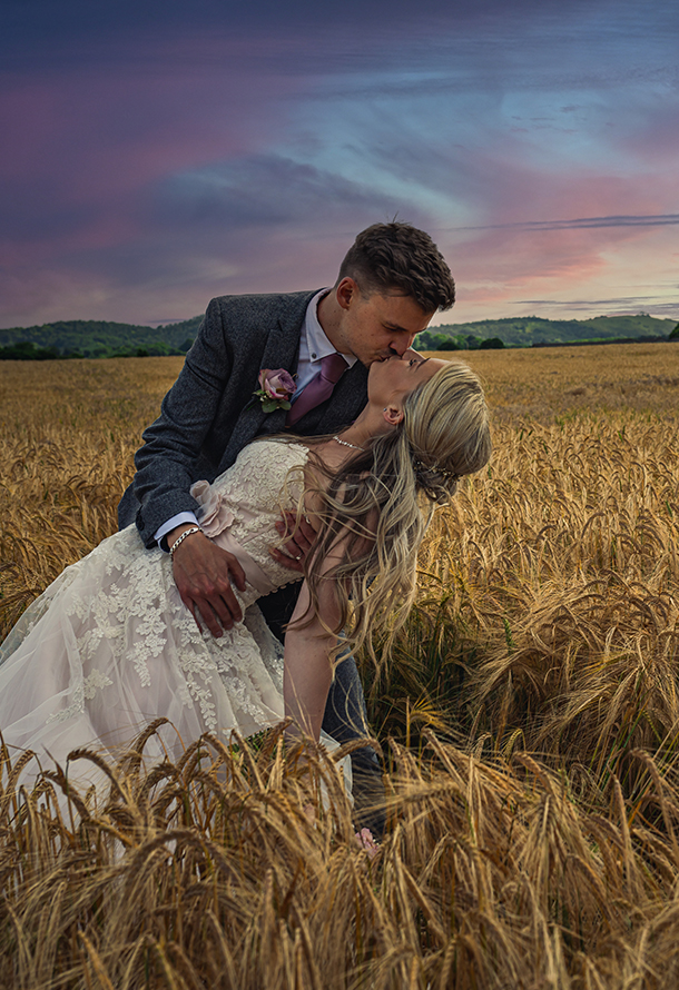 wedding couple in a cornfied posed